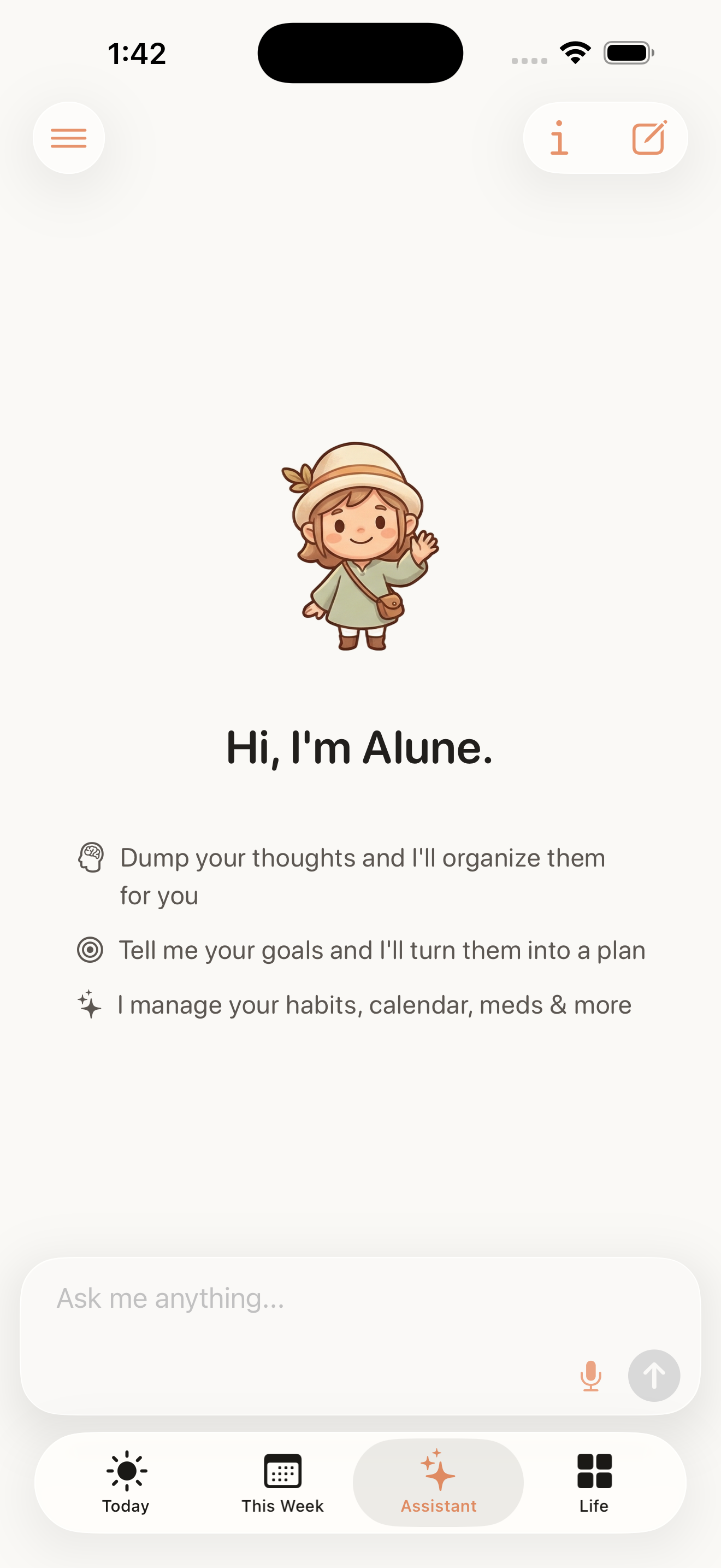 Alune AI assistant chat turning a brain dump into events, habits, and notes