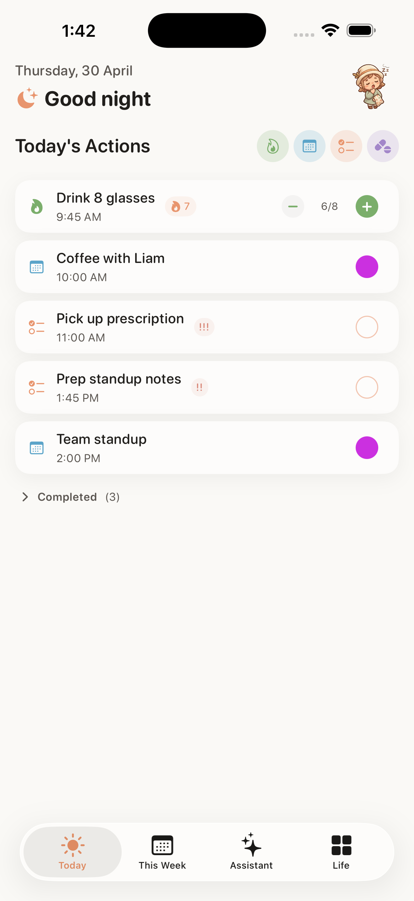 Alune Today view: ADHD-friendly daily planner timeline with habits, events, reminders, and medications on iPhone