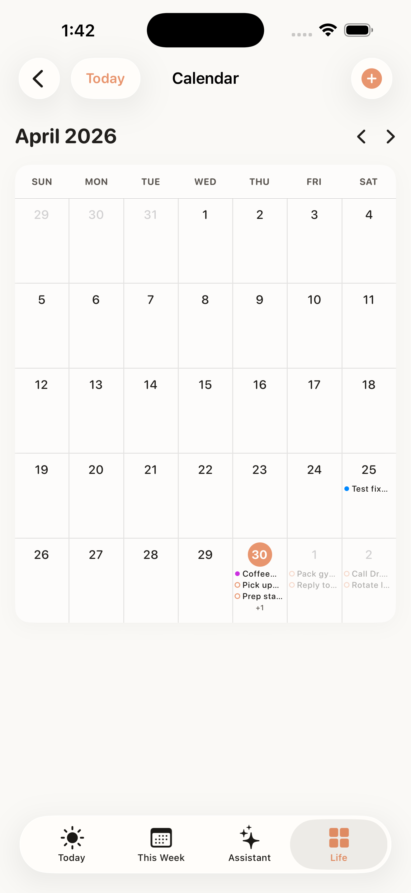 Alune calendar view synced two-way with Apple Calendar and Reminders