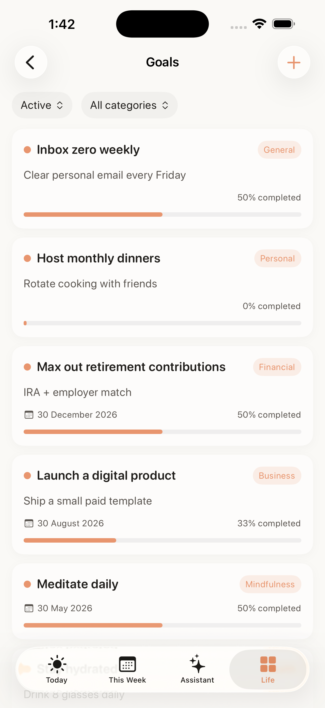 Alune goal tracker with milestones, target dates, and habit-driven progress
