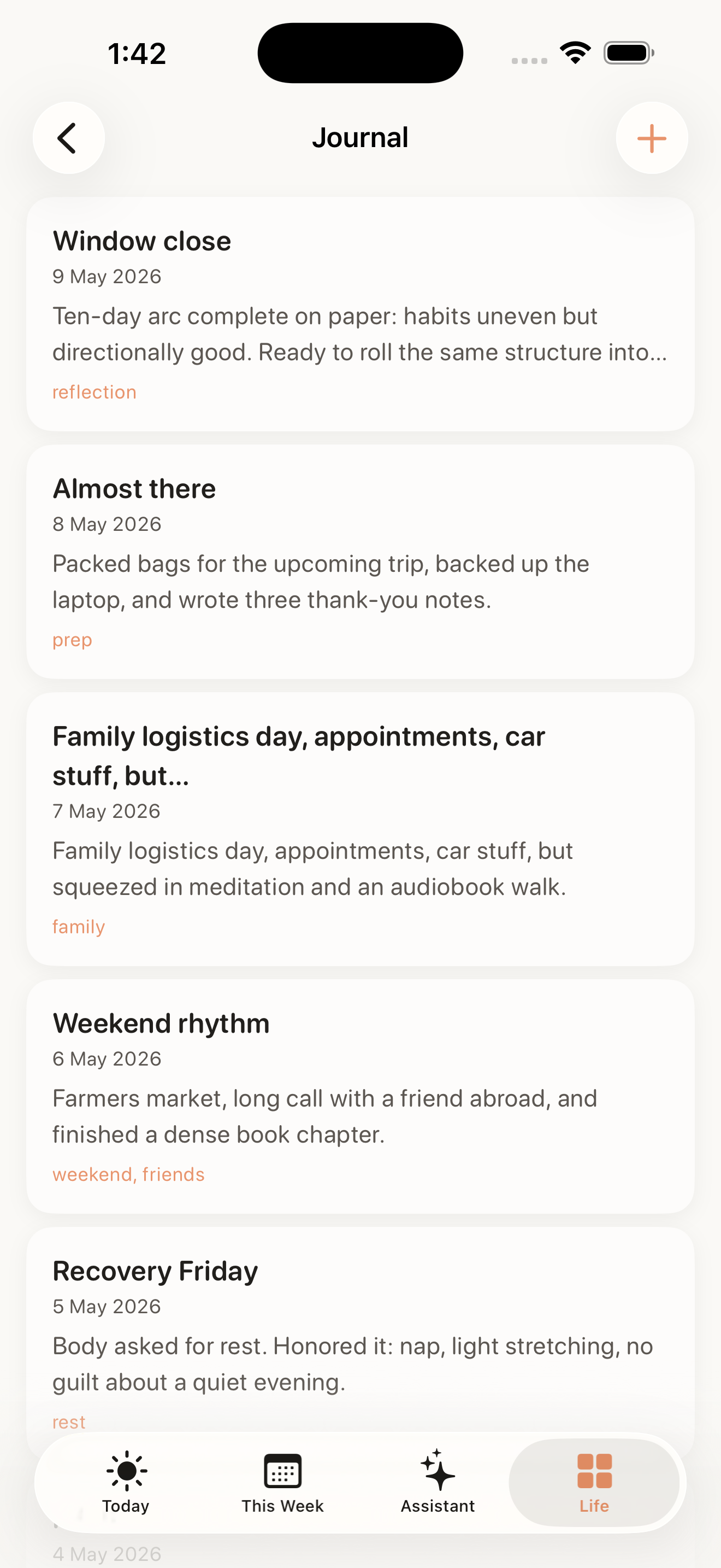 Alune journal entry with optional mood and energy tracking
