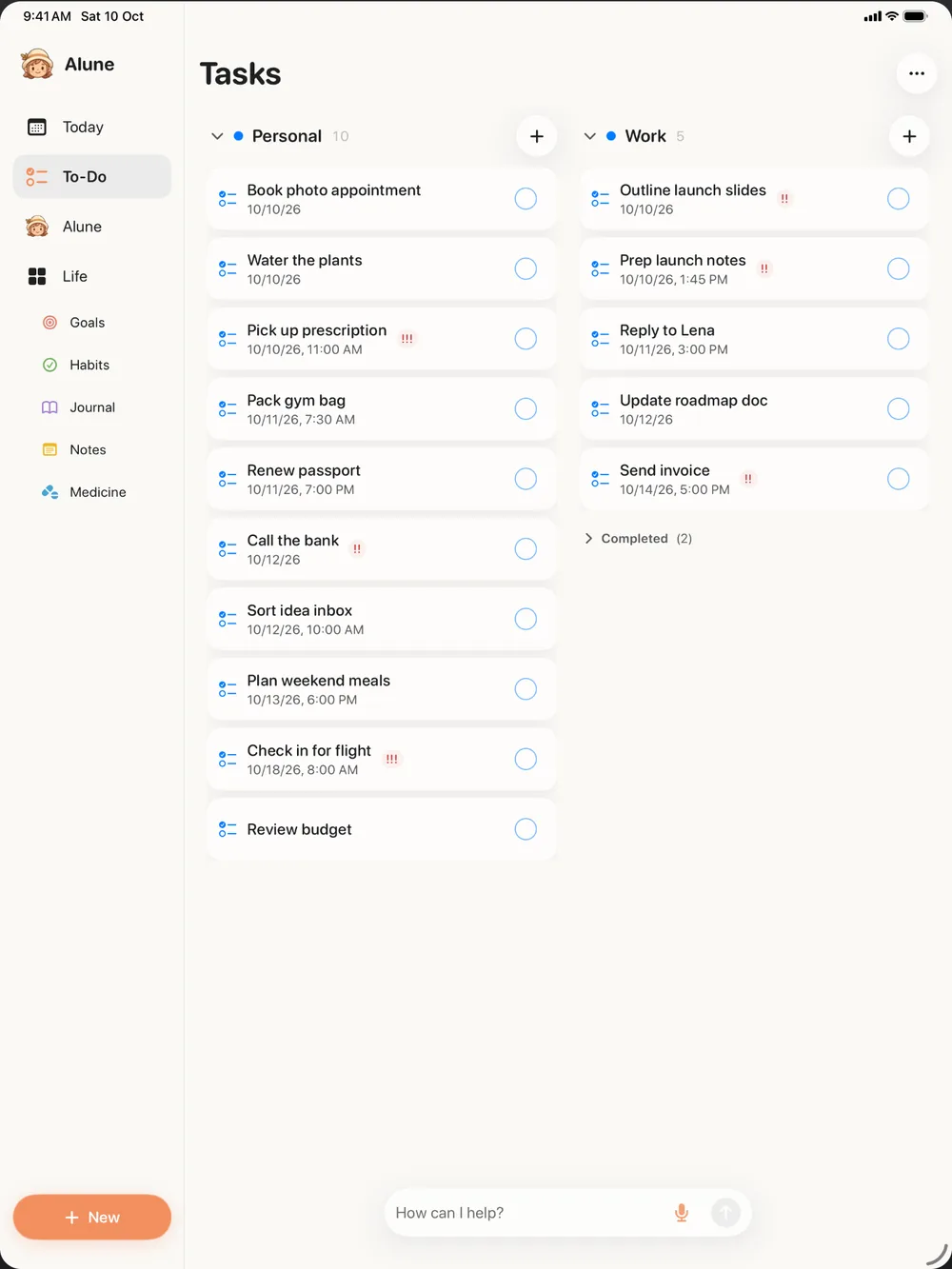 Alune Tasks view on iPad with Personal and Work to-do lists side by side