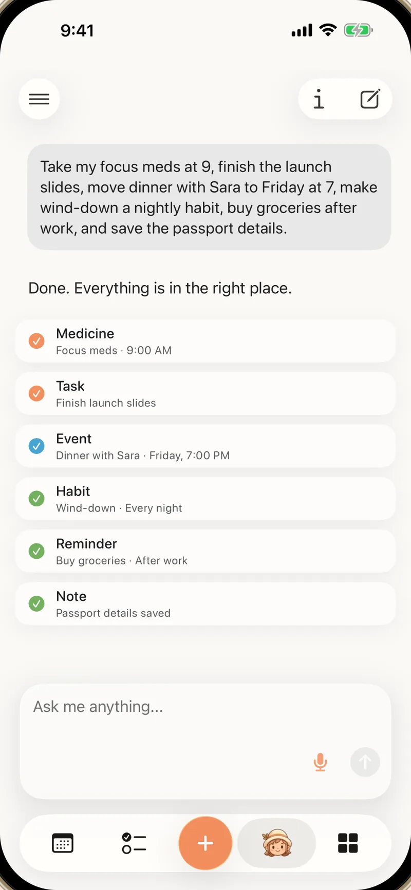 Alune assistant on iPhone turning one brain dump into medicine, a task, an event, a habit, a reminder, and a note
