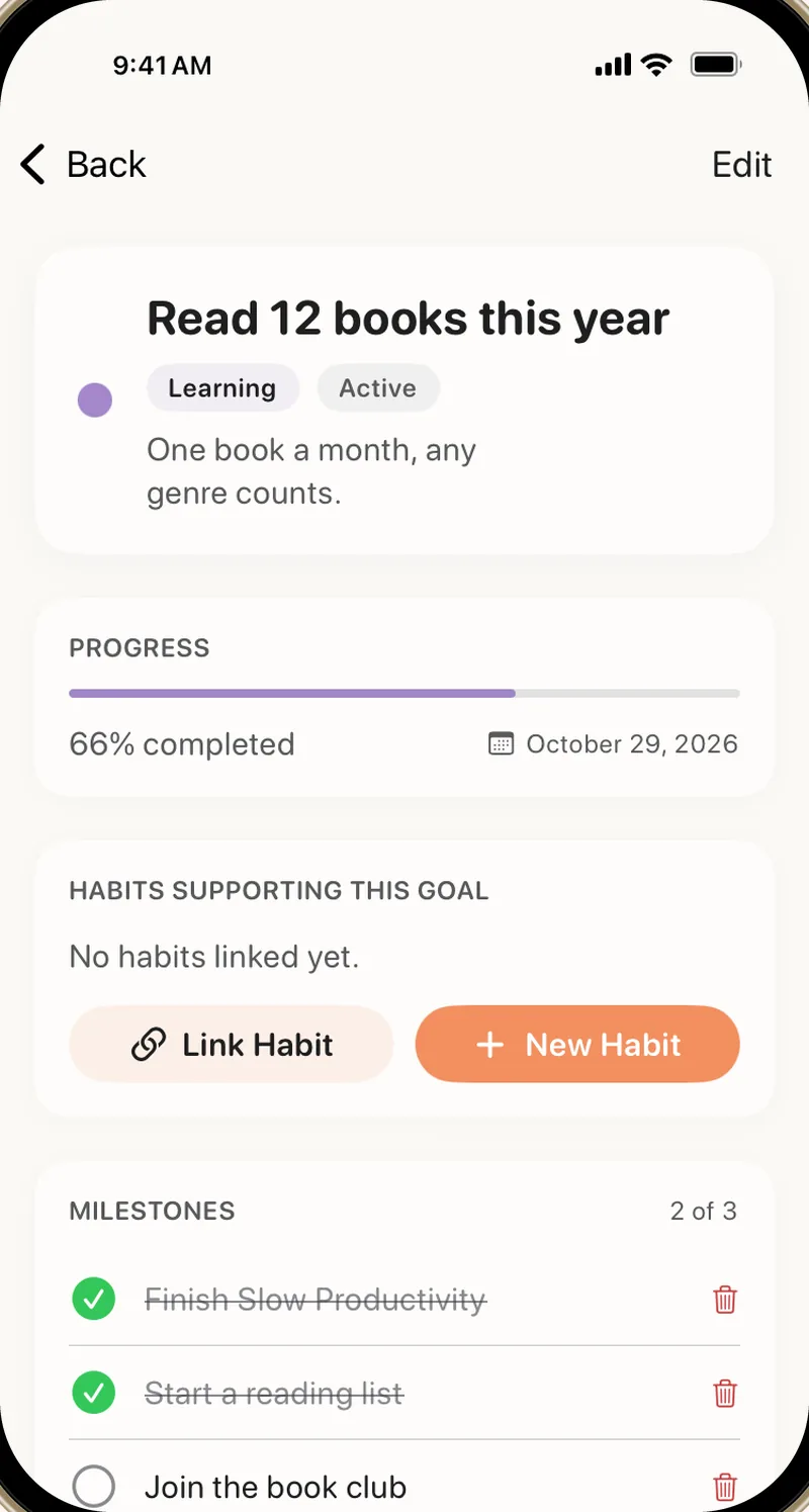 Alune goal on iPhone: Read 12 books this year, 66% complete, with a target date and a milestone checklist