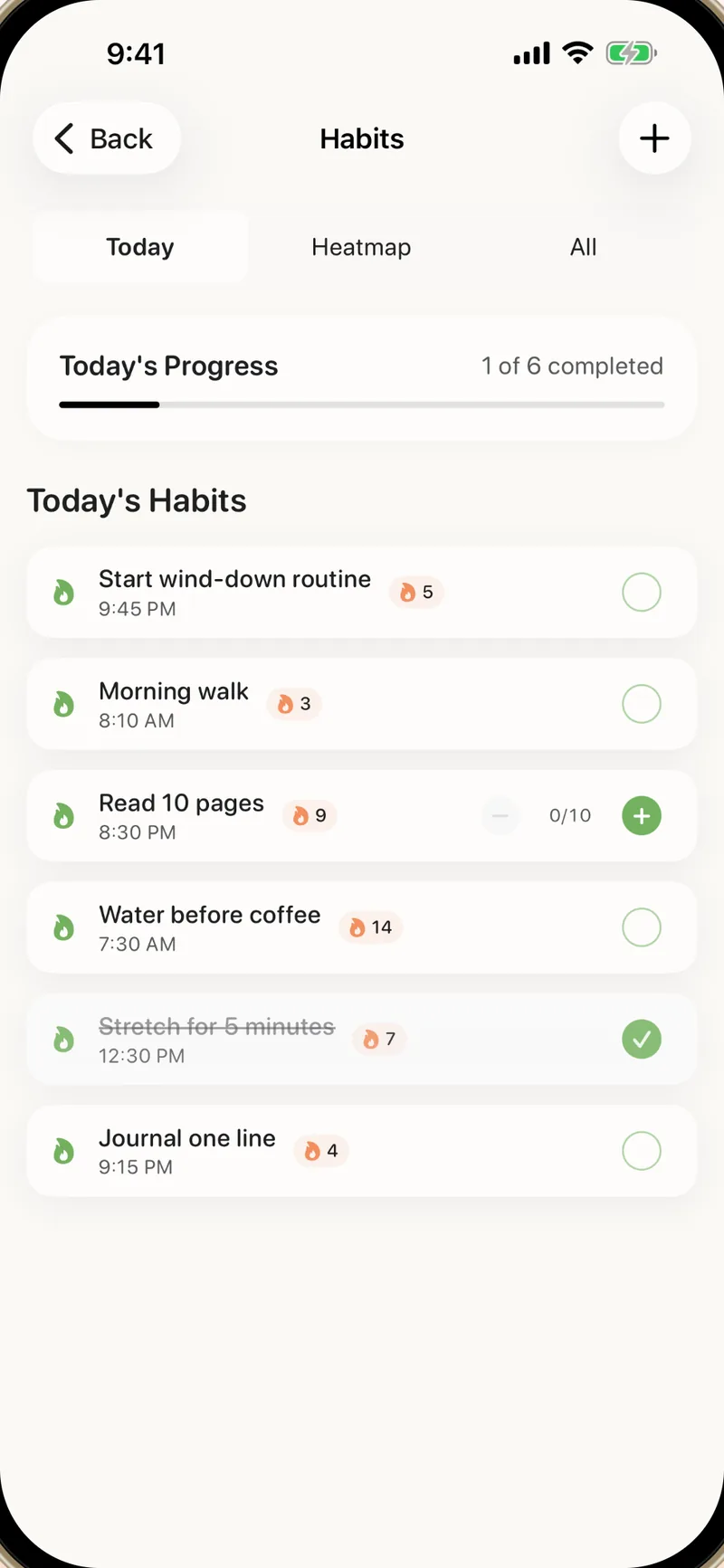 Alune Habits screen on iPhone with today's habits, streaks, and daily progress