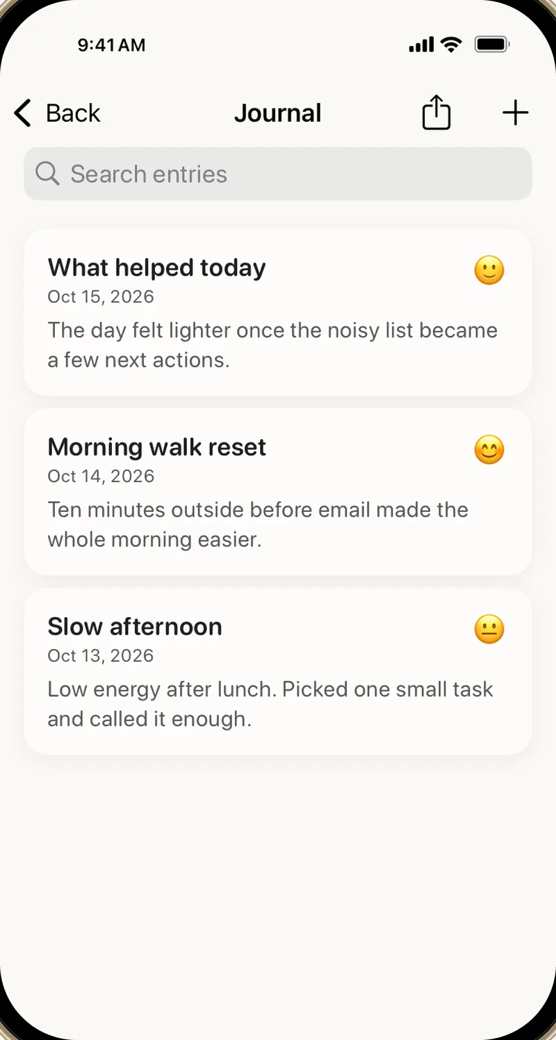 Alune Journal on iPhone with three dated entries, each with a mood