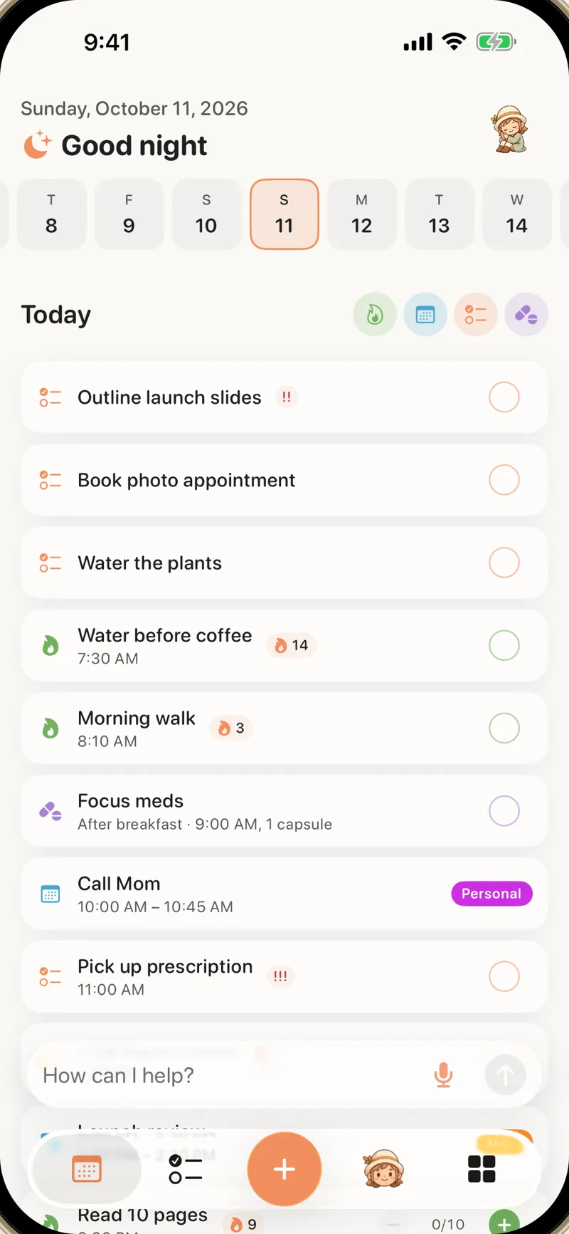 Alune Today view on iPhone with a week strip and a calm list of tasks, events, habits, and medicine