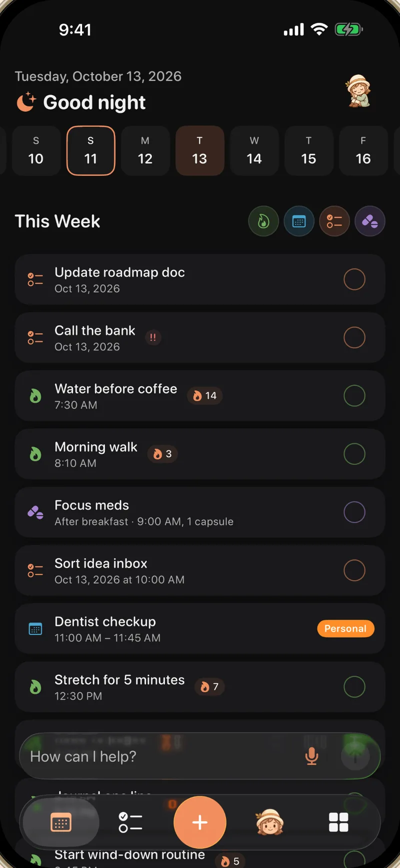 Alune This Week view on iPhone in dark mode with calendar events, habits, and tasks